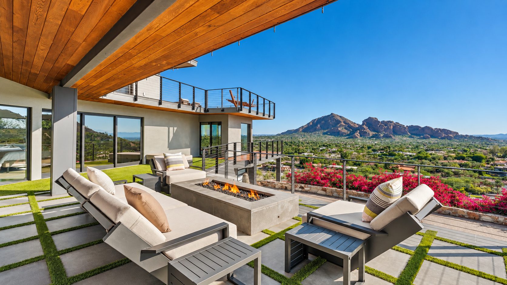 Covered patio with fire pit overlooking Camelback Mountain